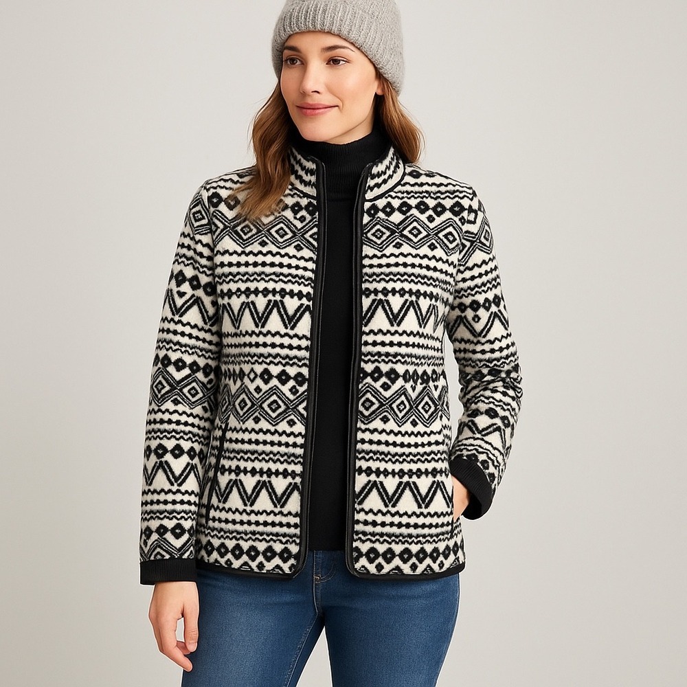 Talbots Women Black White Fair Isle Fleece Zip Jacket L Nordic Skiwear Wintercre - Picture 1 of 7